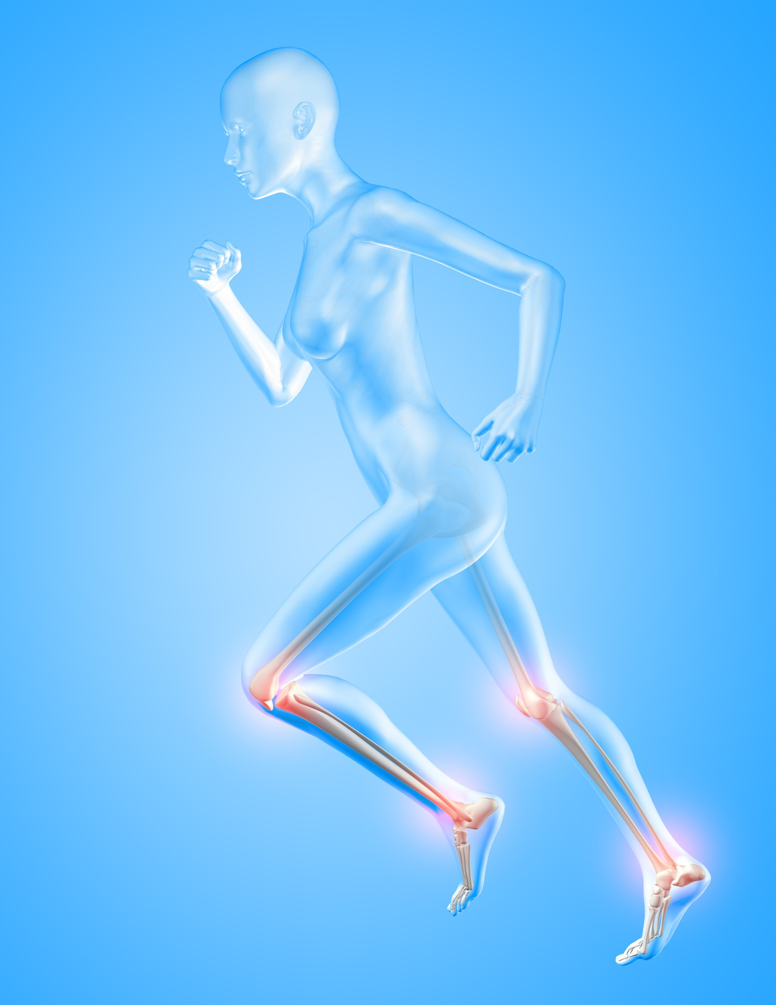 3d render female figure running with knee ankle bones highlighted